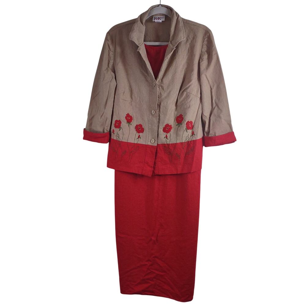Vintage R & K Linen Blend Poppy Flower Dress Set, Size 14W